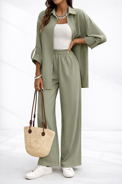Set Office 2 Piese Casual cu Cămasă și Pantaloni Largi – Stil Lejer și Elegant pentru Tinute de zi cu zi 